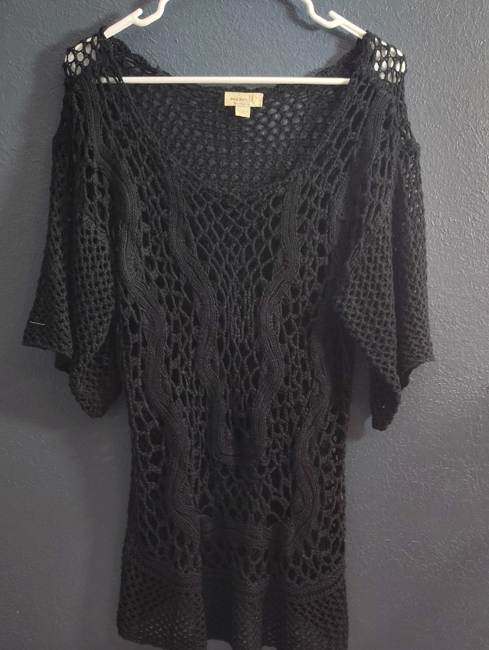 ONE WORLD Black Open Weave Crochet  Whimsical Top Cover Up Layering